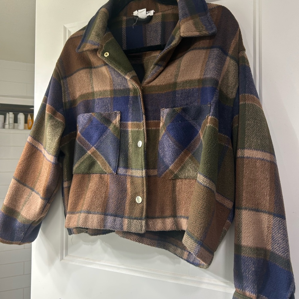 For The Republic Plaid Teddy Jacket in Brown, Blue, and Green